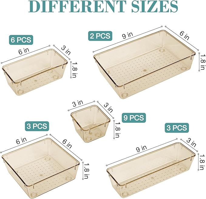 23 PCS Drawer Organizer Set, 5 Varied Size Bathroom and kitchen Drawer cabinet organizer Trays, Clear Storage Bins for Makeup, Jewelry, Utensils and Gadgets, Champagne