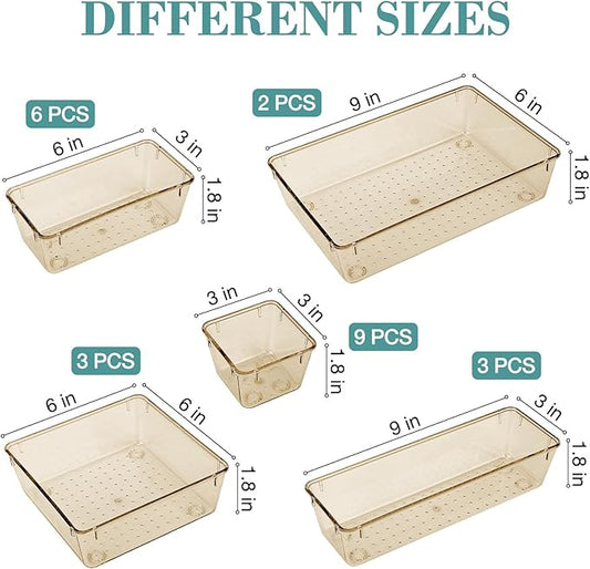 23 PCS Drawer Organizer Set, 5 Varied Size Bathroom and kitchen Drawer cabinet organizer Trays, Clear Storage Bins for Makeup, Jewelry, Utensils and Gadgets, Champagne
