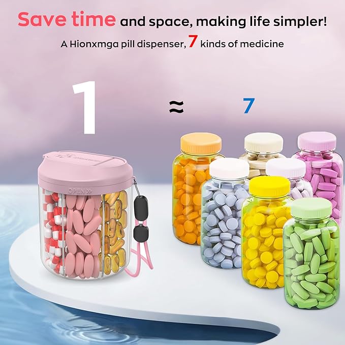Pill Dispenser with 7 Large Compartments, Pill Organizer for Travel with Anti-Mixing Design, BPA-Free Pill Container with 20 Pcs Labels, Pink