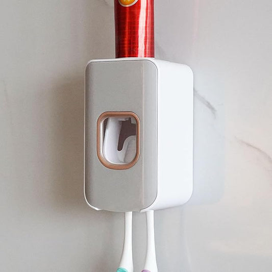 2 Slot Toothbrush Holder and Toothpaste Dispenser Wall Mounted, Automatic Toothpaste Squeezer, 2 in 1 Tooth Brush Toothpaste Organizer for Shower (Light Grey)