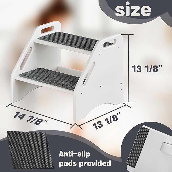 AMBIRD Wooden Step Stool with Washable and Removable Mats, Toddler Step Stools 300 lbs Capacity with Non-Slip Pads and Handles, Kid Step Stool for Kitchen, Bathroom, Bedroom (White with Gray Mats)