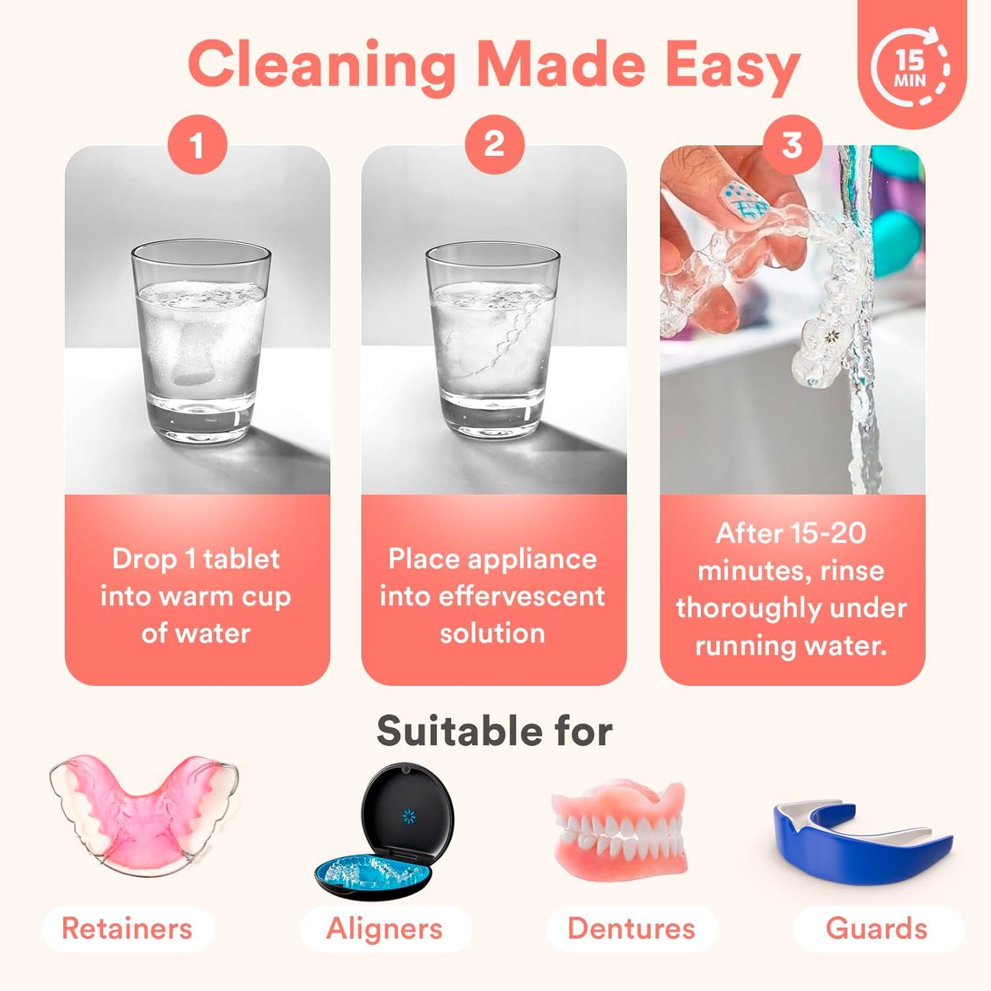 Weiss Naturals Retainer Cleaning Tablets, Invisalign Cleaner, Remove Stains, Odors & Plaque, FSA & HSA Eligible, Night Guard Cleaner PERSULFATE & DYE-FREE 1-Month Supply, Denture Cleaners, 30 Tablets