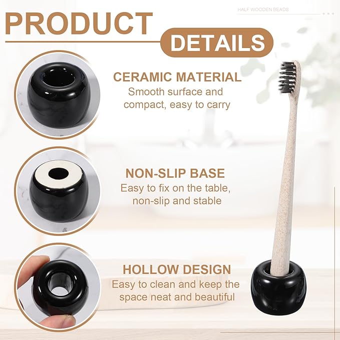 uxcell 2 Pcs Mini Ceramics Toothbrush Holder Stands, Sleek Mini Countertop Toothbrush Round Shape Ceramic Holder Stand for Bathroom Vanity Countertops, Black