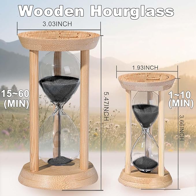 5 Minute Wooden Sand Timers, Bamboo Mini Black Sand Hourglass for Productivity, Meditation & Decor, 5 Min Small Reloj De Arena for Kitchen, Office, Yoga, Game, Classroom