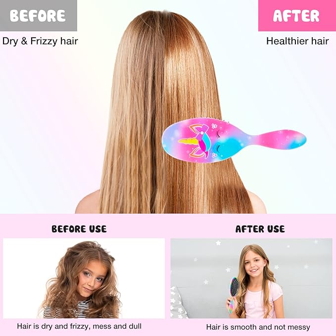 Kids Hair Brush Girls, Toddler Wet Dry Detangling Hair Brush for Curly Thick Hair Pain-Free Comb Girls Kids Women Unicorn Mermaid