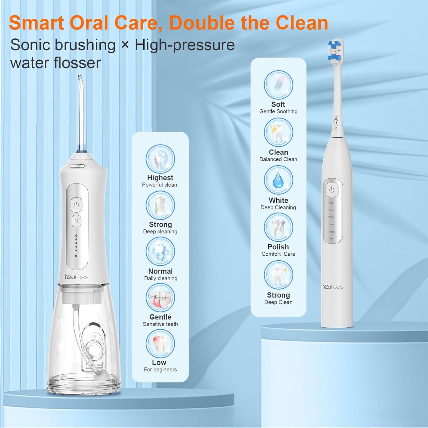 H2ofloss Sonic Electric Toothbrush and Water Flosser Combo, Rechargeable 2000mAh Toothbrush and 2500mAh Oral Irrigator with 300ml Tank, 4 Brush Heads, 5 Nozzles, 2 in 1 for Home and Travel (White)
