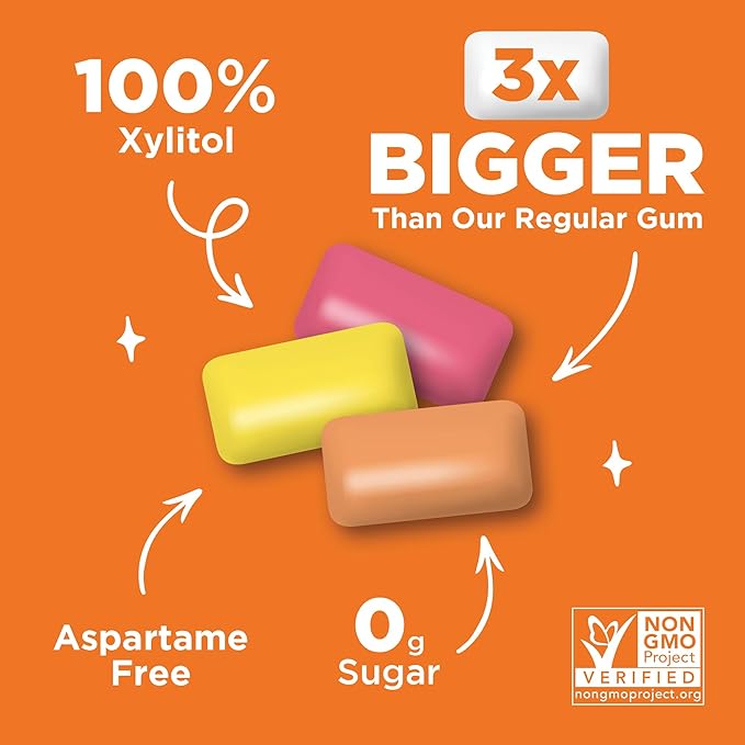 PUR Jumbo Gum | Aspartame Free Chewing Gum | 100% Xylitol | Natural Strawberry, Banana, Orange Flavor, 20 Pieces (Pack of 1)