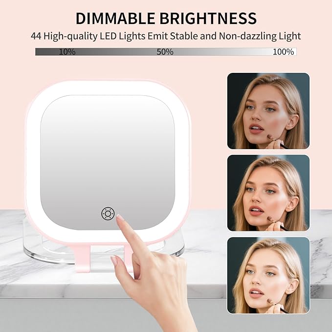 FUNTOUCH Travel Makeup Mirror with Light, 1X/10X Magnifying with 3 Light Settings & Adjustable Brightness,Rechargeable Folding Compact Double Sides Mirror for Home and Travel, Pink