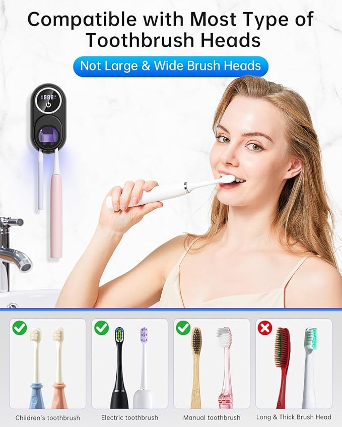 Toothbrush Holder & Toothbrush Cleaner, UV Toothbrush Sanitizer and Holder 2 Slots, Cleaning and Fan & Heat Drying, LED Smart Screen, Wall Mounted Tooth Brush Holder for Bathrooms (Black)