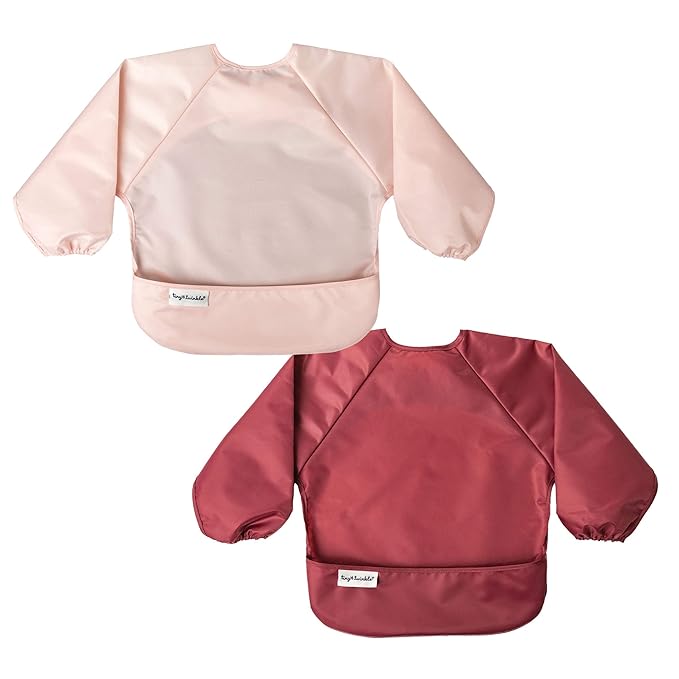 Tiny Twinkle Long Sleeve Bib for Babies & Toddlers – 2 Pack Waterproof Smock Bibs for Eating – Machine Washable & Mess-Proof, Baby Feeding Essential & Shower Must-Have (Rose Burgundy,6–24M)