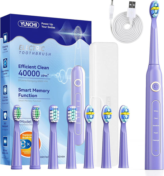 YUNCHI Electric Toothbrush for Adults, Rechargeable Sonic Toothbrushs, Kids Electric Toothbrush-8 Brush Heads,5 Modes & 2 Minutes Smart Timer, IPX7 Waterproof, 30 Days Toothbrush, Travel Case, Purple