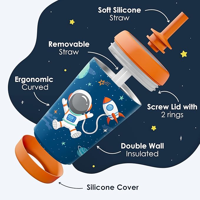 Kid Insulated Stainless Steel Tumbler with Silicone Straw, 12oz Sippy Cup for Kids (Astronaut)