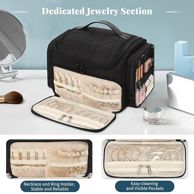 Large Makeup Bag with Jewelry Organizer, Travel Toiletry Bag for Women Girls with Makeup Brush Compartment & Two Side Pockets - XL Black