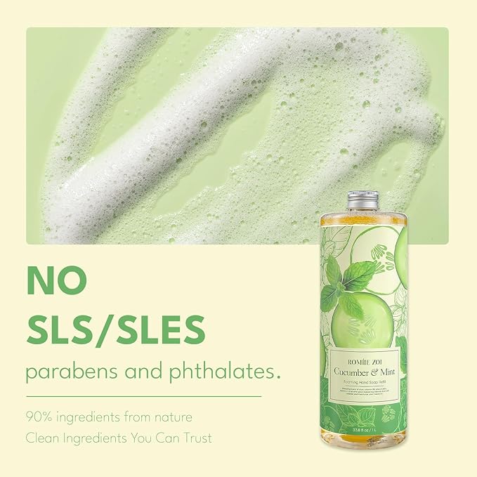 ROMIIE ZOI Foaming Hand Soap Refill Gift Set – 3 Pack (1000ML Each) with Dispenser – Cucumber & Mint Scent – Gentle & Moisturizing Plant-Based Formula – Bulk Refill Bottles for Bathroom & Kitchen Use