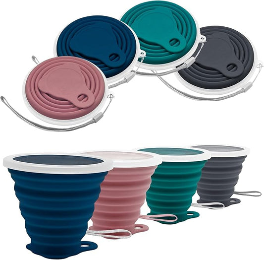 Litoexpe 4 Pack Silicone Collapsible Travel Cup Portable Folding Camping Cup Sets with Lids, Dark Gray & Pink & Navy Blue &Teal, Capacity 9.22oz (270ml)
