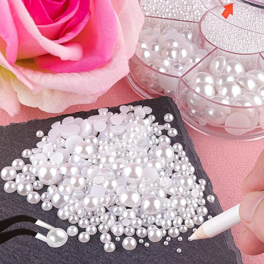 Nail Art Flat Back Half Round Pearl Kits 3, Mixed Sizes 6000 Pcs White Small Pearls for Nails with Picking Tools for Graduation Cap Decorations Home DIY Body Face Craft Salon Use