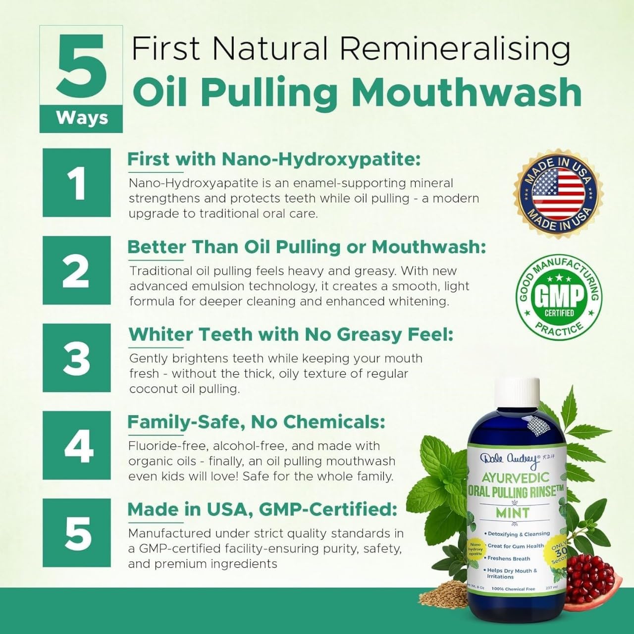 Dale Audrey Nano Hydroxyapatite Mint Oil Pulling for Teeth and Gums, Alcohol & Fluoride-Free Organic Pulling Oil, Mouthwash Oral Health Rinse for Fresh Breath & Gum Care 8 FL Oz