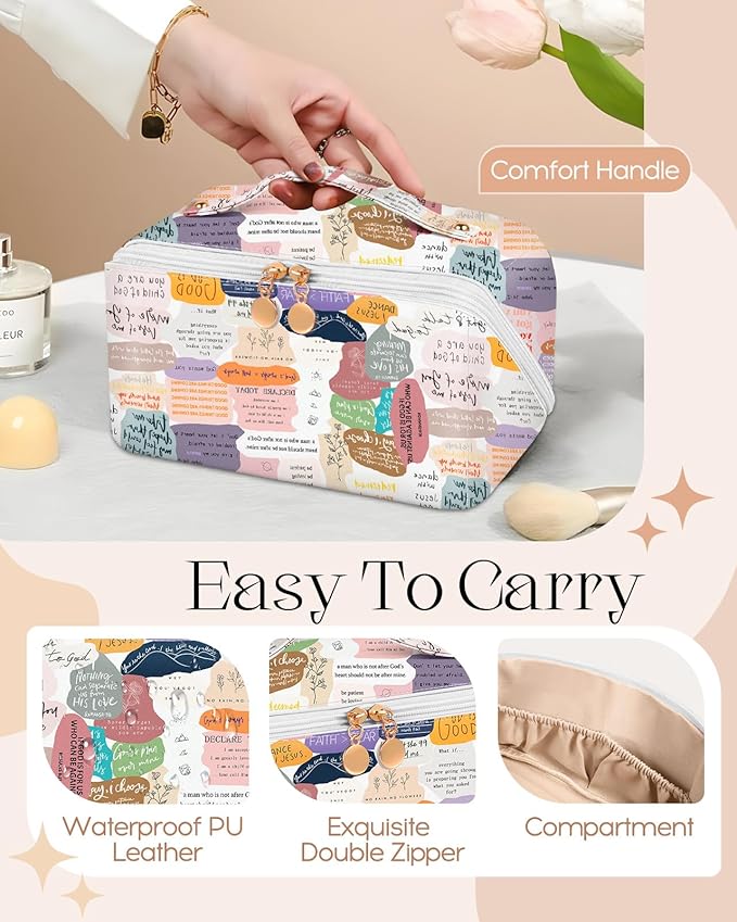 Bistup Makeup Bag Travel Cosmetic Bag Toiletry Make Up Bags Cute Women Large Capacity Big Medium Leather Quote Aesthetic Portable Teen Girls Teenage Foldable Expandable Compact Open Flat Zip