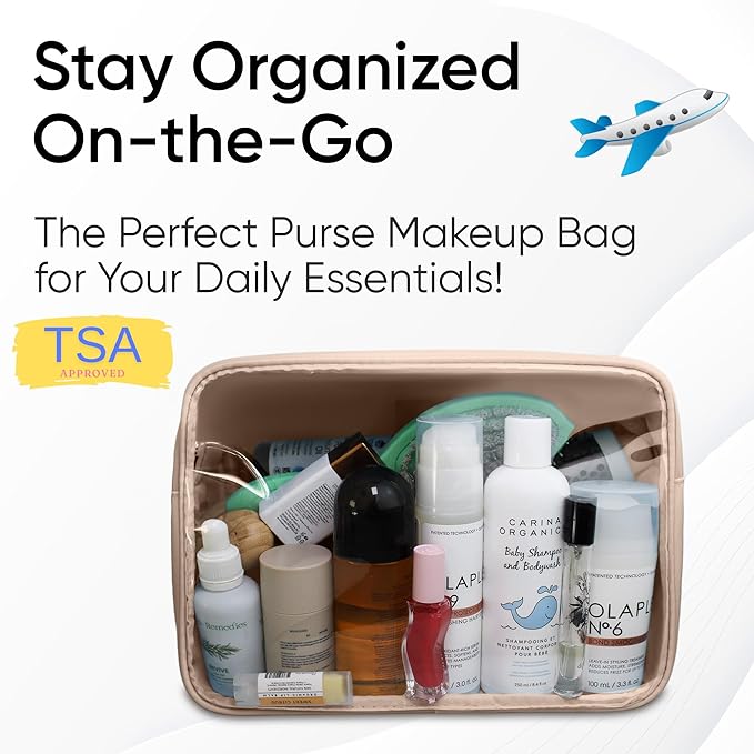 Large Clear Makeup Bag TSA-Approved Travel Cosmetic Pouch Spacious Transparent Toiletry Bag for Women and Girls Waterproof Clear Organizer Case Beige