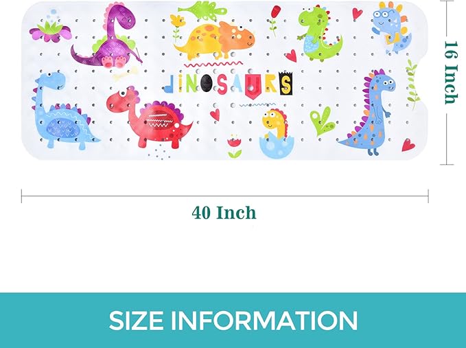 Bath Mat for Tub for Kids Dinosaur Non Slip Bathtub Mat for Baby Toddler 40X16 Inch Long Anti Skid Bathroom Shower Mat with Suction Cups & Drain Holes