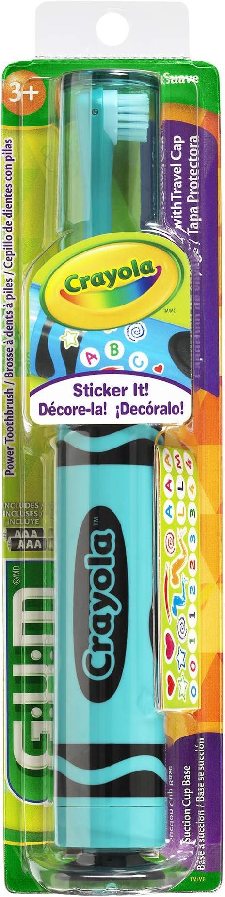GUM Crayola Power Toothbrush for Kids, Extra Soft Bristled Toddler Toothbrushes, Travel Cap + Suction Cup Base, Batteries Included, 1 Count