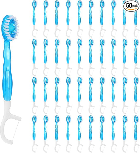 50pcs 5 in 1 Disposable Mini Toothbrushes with Toothpaste Floss Pick & Tongue Scraper Travel Size Individually Wrapped Portable Oral Care Set for Women Men Hotel Camping Flight Car Guest Use