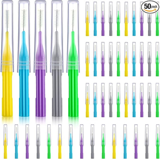 Patelai 50 Pieces Braces Brush for Cleaner Interdental Brush Between Teeth Toothpick Flosses Dental Flossing Head Oral Hygiene Tooth Cleaning Tool(Light Blue, Purple, Yellow, Gray, Light Green)