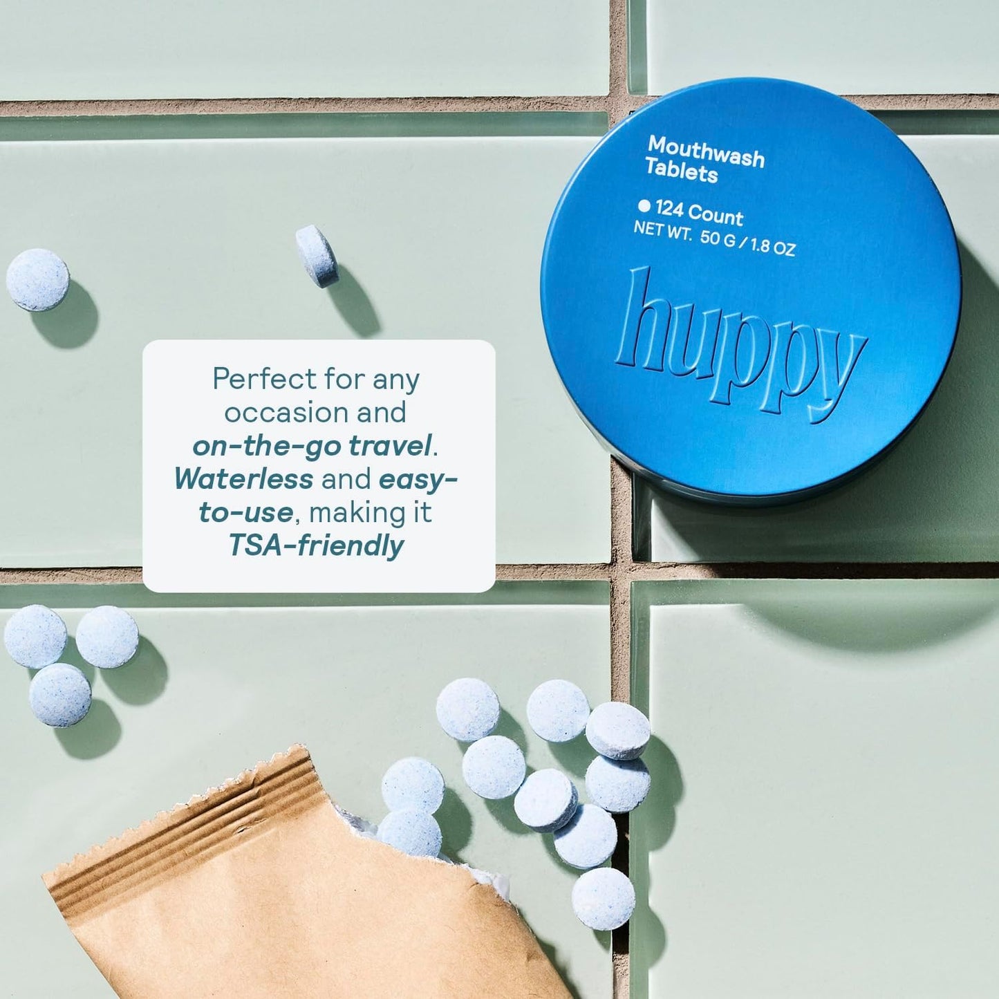 HUPPY Mouthwash Tablets with Nano Hydroxyapatite - Refreshes Breath and Remineralizes Teeth - Hydroxyapatite Tabs Perfect for Travel - Nanohydroxyapatite Mouthwash, 124ct, Cool Mint Flavor