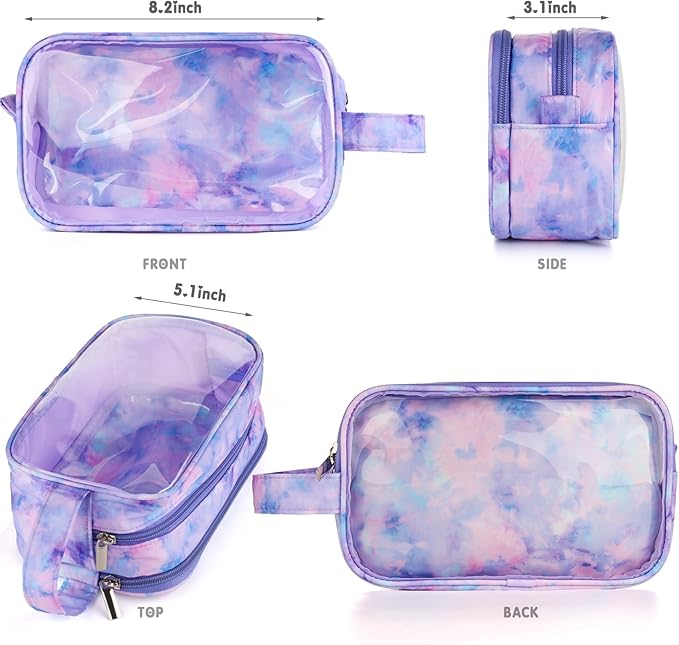 Kids Toiletry Bag for Girls, Travel Clear Toiletry Bag for Little Young Girls Cosmetic Bag Makeup Bag Waterproof Hanging Toddler Wash Bag, Purple Tie Dye