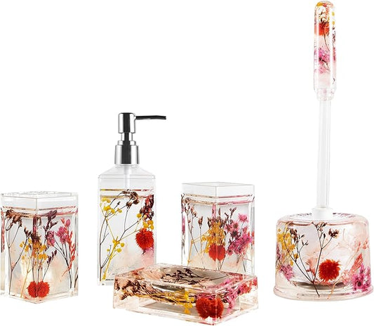 Locco Decor Bathroom Vanity Accessory Set Acrylic Liquid 3D Floating Motion Toothbrush Holder, Tumbler, Soap Dispenser, Soap Dish, Toilet brush, 5-Piece Accessory Set Garden Botanic Pink Plants