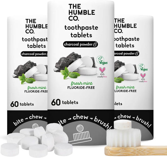 The Humble Co. Charcoal Powder Toothpaste Tablets Fluoride-Free, 3pk - Anticavity, Fluoride Free Toothpaste Dental Tablets with Natural Ingredients, Dentist Developed Formula (Charcoal, 3 Pk)