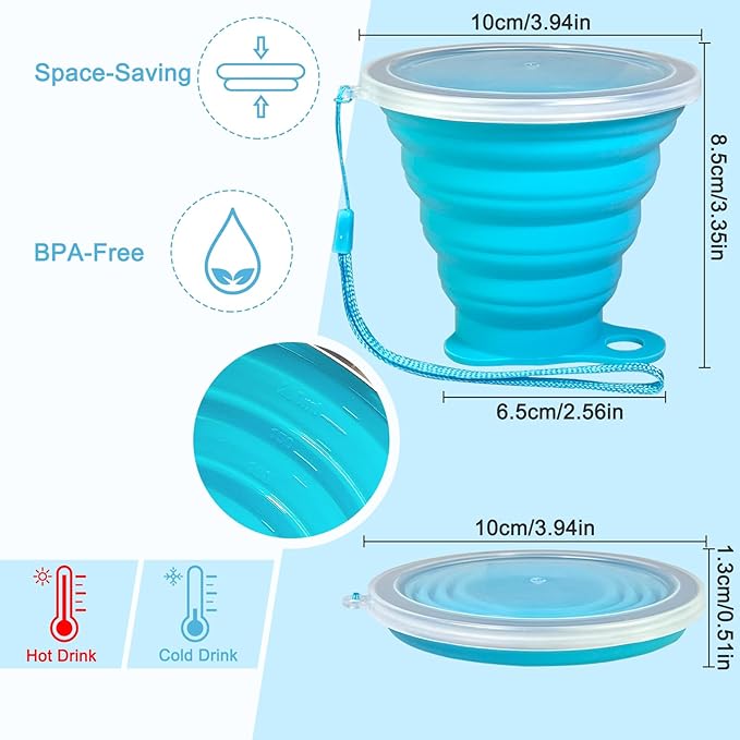 Silicone Collapsible Cup with Lid – Portable Collapsible Travel Cup for Hot and Cold Drinks – Leakproof Collapsible Cups for Camping, Hiking, Office (2 Pack)