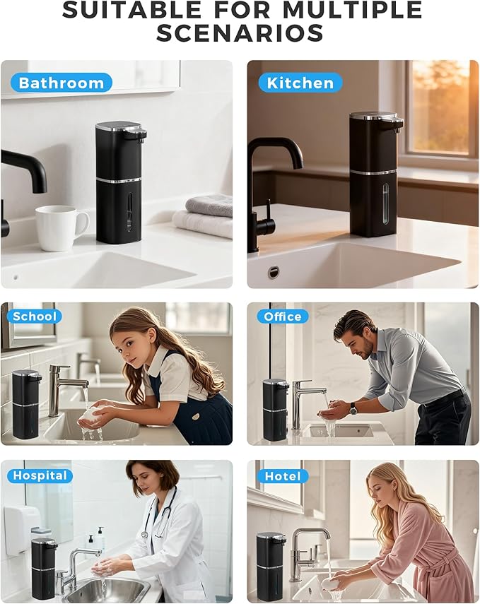 2 Pack Automatic Liquid Soap Dispenser, 12.8oz Rechargeable, Adjustable Liquid Levels, IPX5 Waterproof, Touchless & Wall/Tabletop Use for Kitchen Bathroom, Black