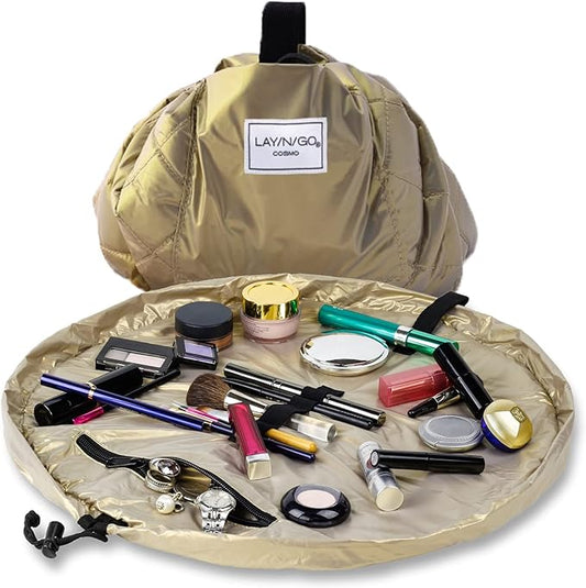 Lay-n-Go Cosmo Drawstring Cosmetic & Makeup Bag Organizer - Portable Drawstring Bag w/Zipper Pocket, Makeup Loops & More - Durable, Machine Washable Toiletry Bag for Travel (20", Metallic Gold)