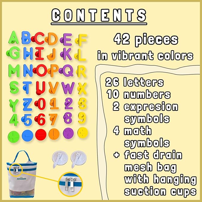 ALPHABATH Suction Bath Toys Alphabet Letters Numbers 42pcs Montessori Stimulating Autism Sensory No Mold Free Preschool Daycare Spelling Math Learn Build Connect Travel Kids Toddlers Ages 1 2 3 Years
