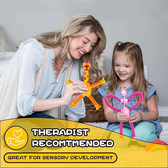 Christmas Stocking Stuffer Gift for Toddler Girls Year Old Ages 2 3 4 5 6 7 8, Giraffe Sensory Toys 4Pcs Suction Autism Toy Pop Tube Fidget Toys Autistic Travel Toys Easter Basket Valentine for Kids