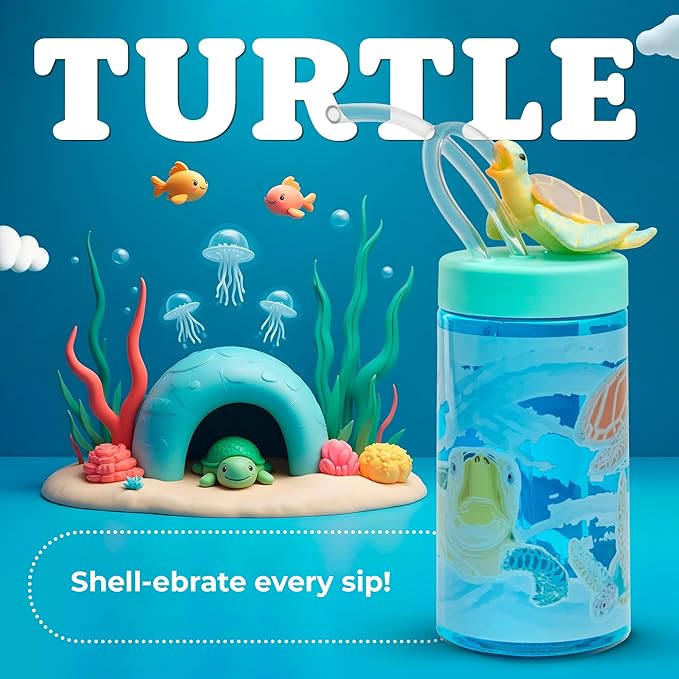 Kids Water Bottle, Toddler Cups, Tumbler with Lid and Straw, Travel Sippy Cup for Water or Milk, Kids Cups with Lids for Toddlers 3 and Up, BPA Free Plastic, 12 oz (Sealife Sea Turtle)