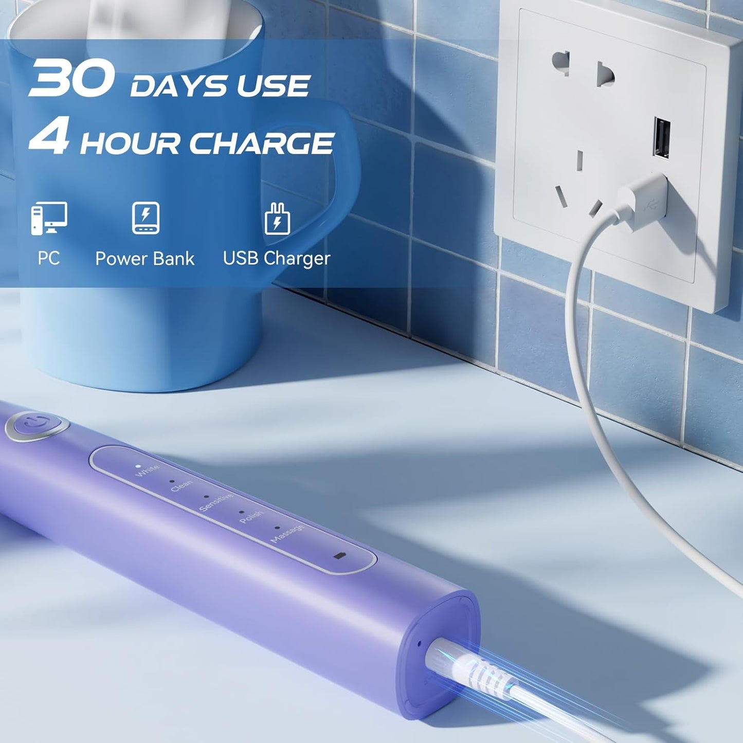 YUNCHI Electric Toothbrush for Adults, Rechargeable Sonic Toothbrushs, Kids Electric Toothbrush-8 Brush Heads,5 Modes & 2 Minutes Smart Timer, IPX7 Waterproof, 30 Days Toothbrush, Travel Case, Purple