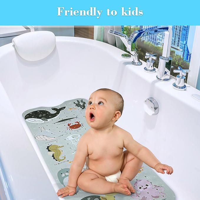 Bath Mat for Tub Non Slip, Machine Washable Anti-Slip Cartoon Baby Bathtub Shower Mat with Drain Holes and Suction Cups for Toddler & Kids, 40 Inch x 16 Inch, Greige Sea Animals