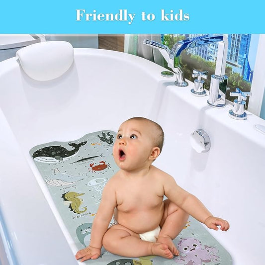 Bath Mat for Tub Non Slip, Machine Washable Anti-Slip Cartoon Baby Bathtub Shower Mat with Drain Holes and Suction Cups for Toddler & Kids, 40 Inch x 16 Inch, Greige Sea Animals