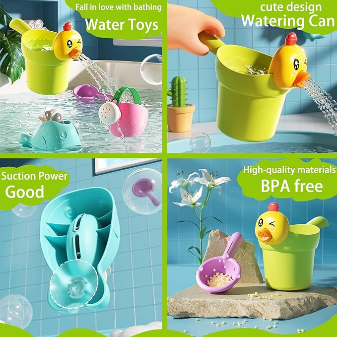 Bath Toys for Toddlers 1-3, NO Hole 6pcs Toddler Bath Toy for 1 2 3 Duck Watering Can Outdoor Garden Beach Water Pool Toys for Baby Toddler Age 1-4 Water Table Toy for Kids 2-4 Bathtub Gift