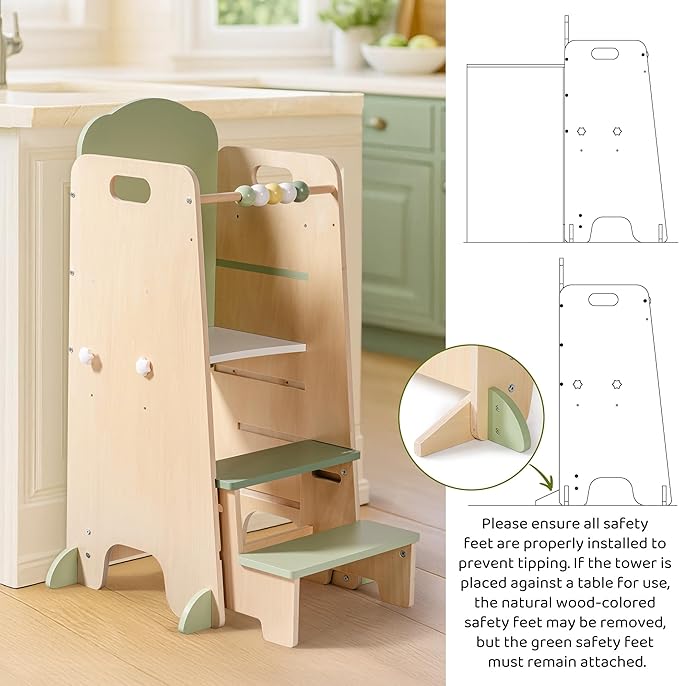 ROBUD Toddler Tower Adjustable Kitchen Stool Helper with Chalkboard, Hooks and Anti-Tip Design, Movable Kids Step Stool with Cute Safety Rail, Montessori Activity, Morandi Green