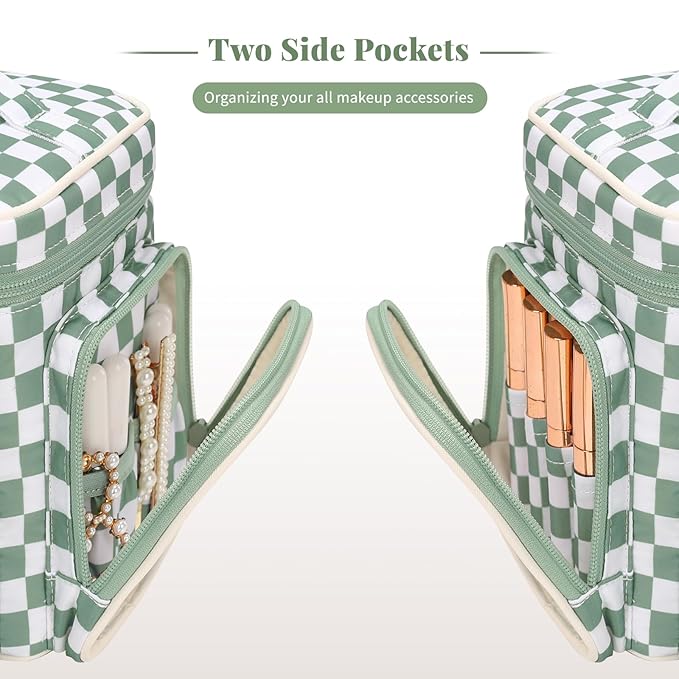 Large Checkered Makeup Bag, Portable Travel Makeup Bag Organizer for Women Girls with Makeup Brush Compartment & Two Side Pockets, Cosmetic Travel Bag Vertical Storage Toiletry Bag- Green1