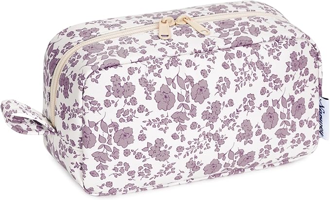 Narwey Cute Makeup Bag Small Toiletry Bag Travel Cosmetic Bag Organizer Make Up Bags with Organized Pockets for Women (Little Dusty Pink Flower, Large)