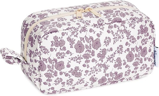 Narwey Cute Makeup Bag Small Toiletry Bag Travel Cosmetic Bag Organizer Make Up Bags with Organized Pockets for Women (Little Dusty Pink Flower, Large)