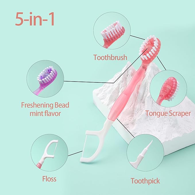Mini Disposable Toothbrushes with Toothpaste 5 in 1 Travel Portable Toothbrush with Toothpaste + Tongue Scraper + Picks+Floss Travel Case Individually Wrapped (Green Plum Tea, 26)