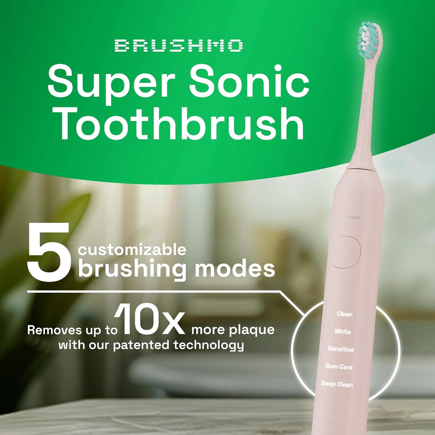 Brushmo Super Sonic Electric Toothbrush with 4 Replacement Heads - Rechargeable Electronic Tooth Brush for Adults with 5 Customizable Modes - IPX7 Waterproof & Long-Lasting Battery – Nova Pink