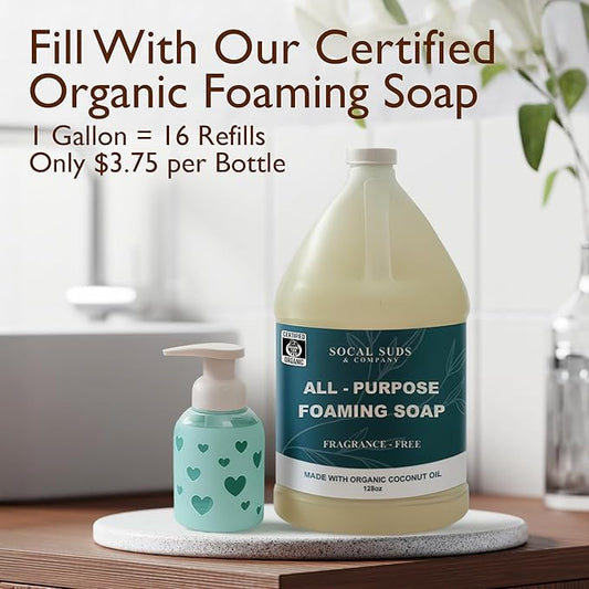 SoCal Suds & Company Glass Foaming Hand Soap Dispenser, Heart Silicone Sleeve, Refillable Pump Bottle for Kids, Baby Wash & Shampoo, Ideal for Home Use, Sea Glass 8oz