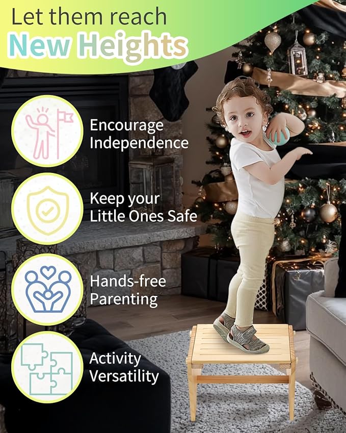 9" Wooden One Step Stool, Todder Step Stool Wood for Kids/Adults/Elderly - Adjustable Height, Lightweight, Anti-Slip, 200 Lbs Beside Stepstool for Bathroom, Kitchen, Bedroom (Natural, Pine)