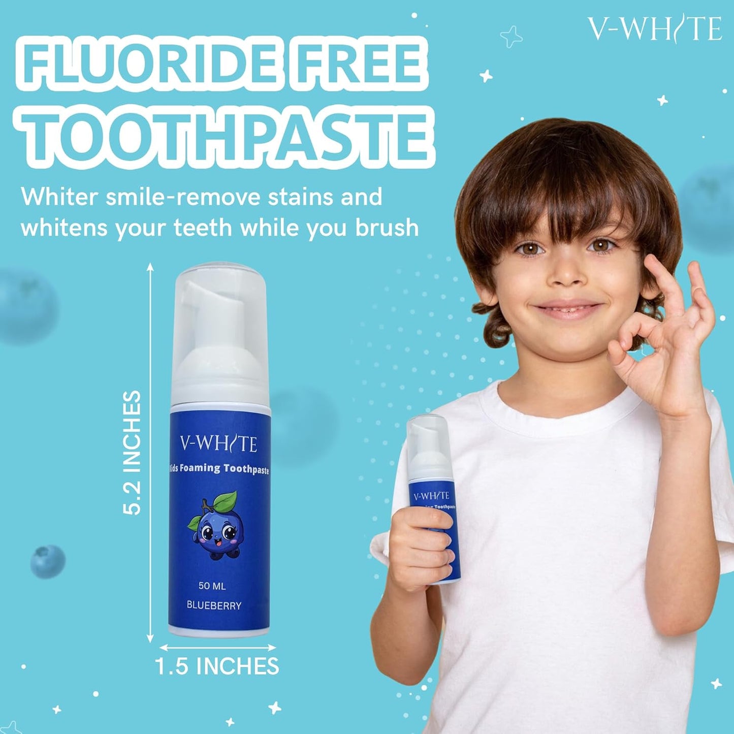 V-White Foam Teeth Whitening Toothpaste - Organic Toothpaste Fluoride Free, Alcohol Free, pH Balanced - Deep Cleansing, Stain Removal, Travel Friendly, for Kids & Adults (Large, Blueberry)
